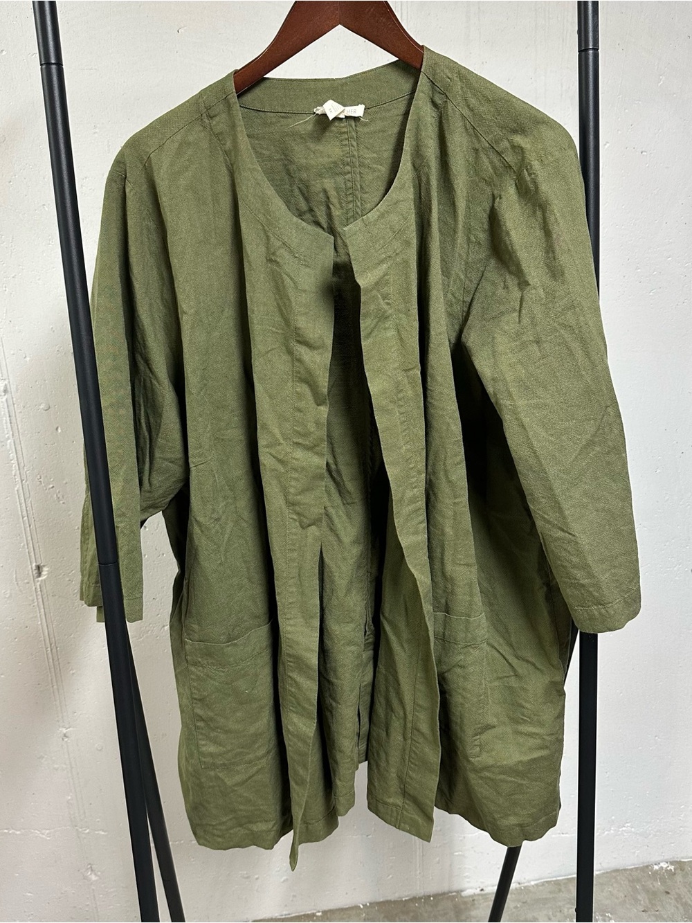 Eileen Fisher Olive Green Linen Open Front Jacket